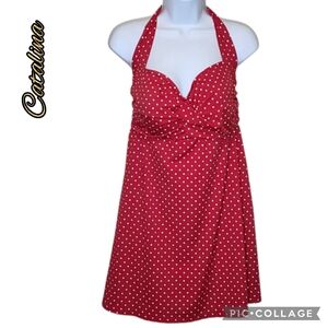 Catalina Suddenly Slim swim suit dress red white polka dots halter tie sz 18-20